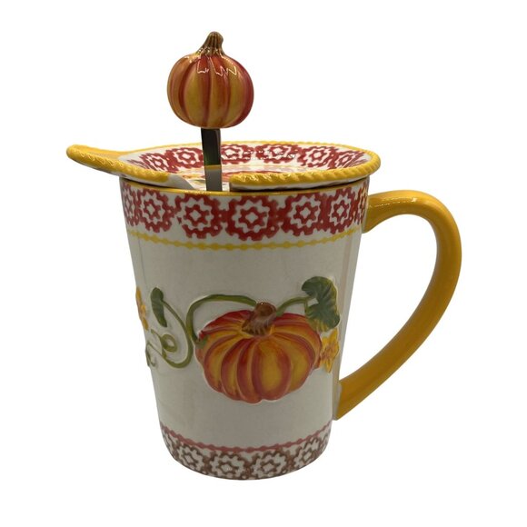 Temptations Hand Crafted & Painted 3D Pumpkin Harvest Mug Spoon & Lid 16 oz 3pcs - Picture 8 of 13